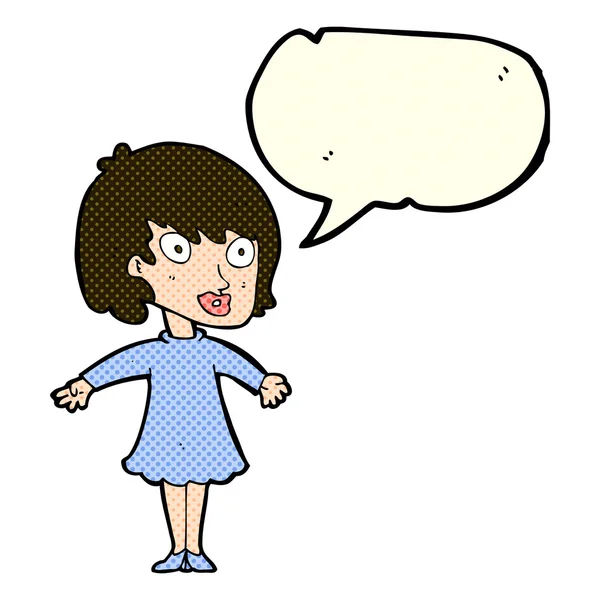 Cartoon woman wearing dress with speech bubble — Stock Vector