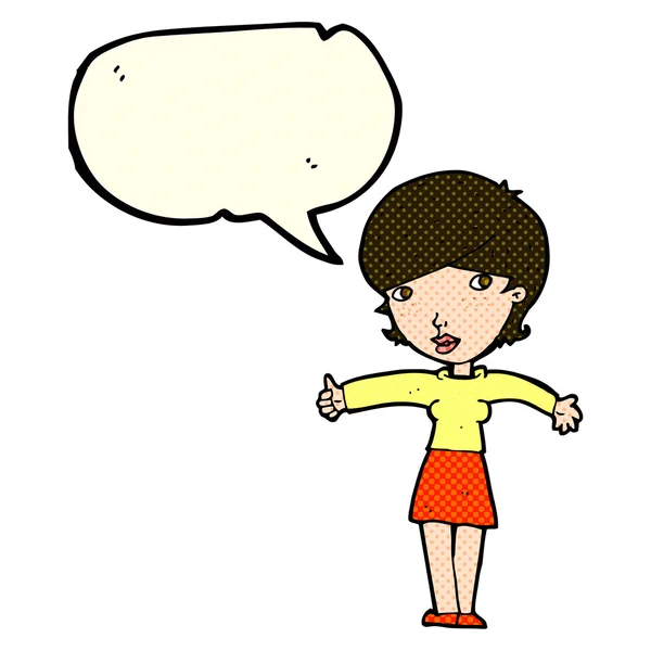 Karikatür kadını konuşma baloncuğu ile baş parmak işareti yapıyor. — Stok Vektör