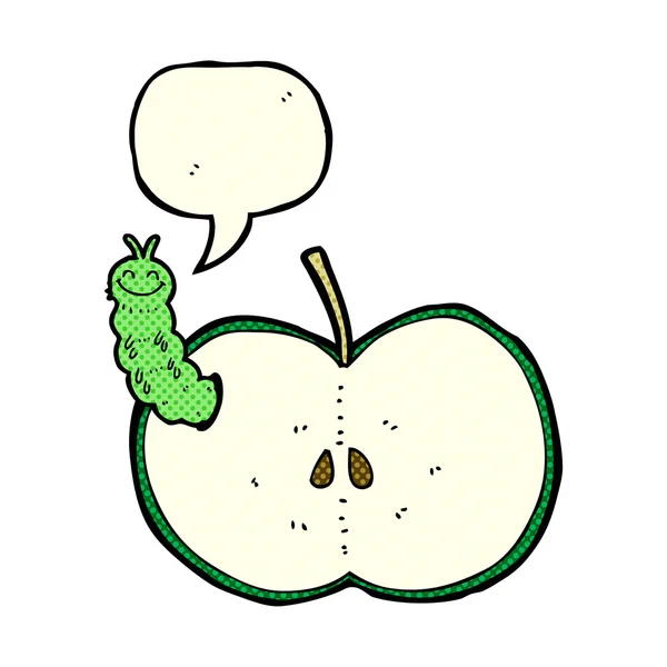 Insetto del fumetto che mangia mela con la bolla di discorso — Vettoriale Stock