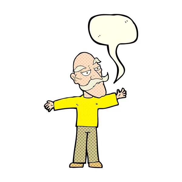 Cartoon oude man verspreid armen breed met spraakzeepbel — Stockvector