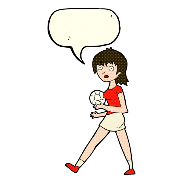 Cartoon soccer girl with speech bubble — Stock Vector