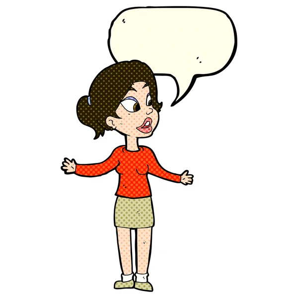 Cartoon pretty woman explaining something with speech bubble — Stock Vector