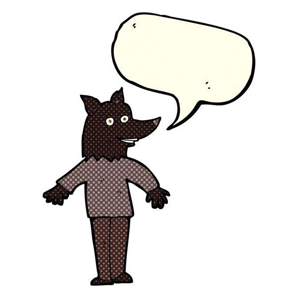 Γελοιογραφία χαρούμενος λυκάνθρωπος με φούσκα ομιλία — Διανυσματικό Αρχείο