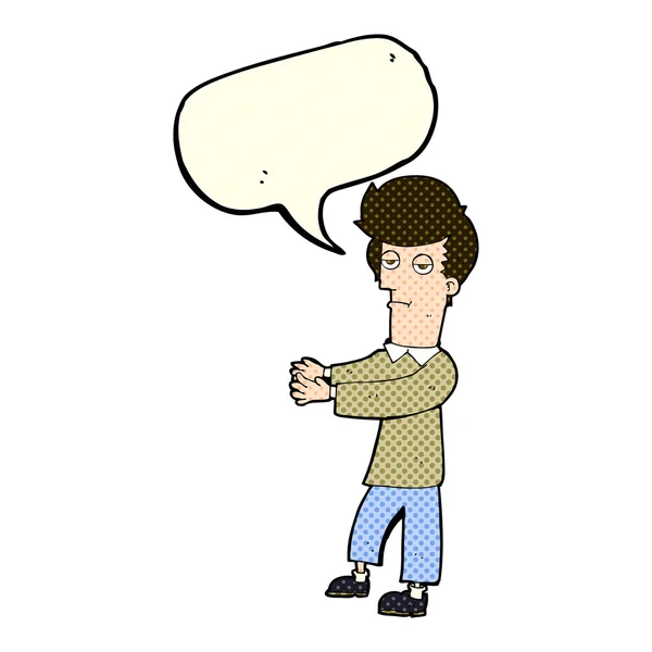 Cartoon bored man showing the way with speech bubble — Stock Vector