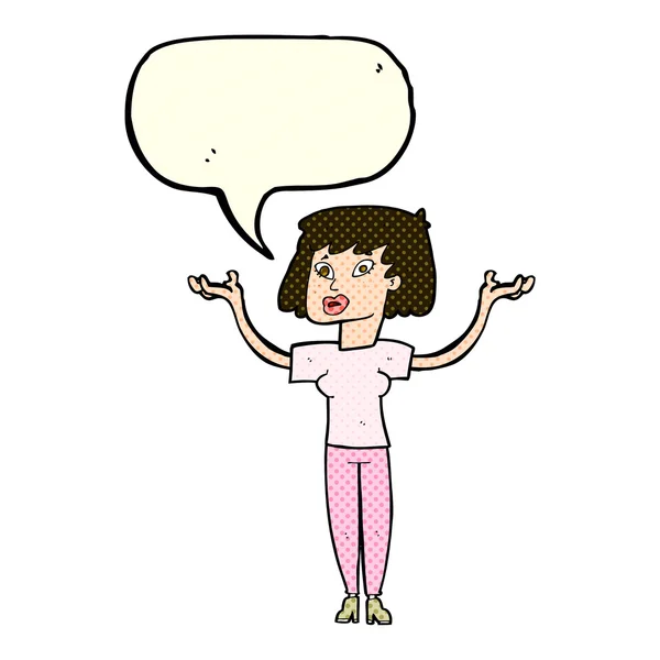 Cartoon woman holding up hands with speech bubble — Stock Vector