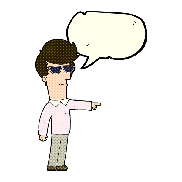 Homem dos desenhos animados em óculos apontando com bolha de fala — Vetor de Stock