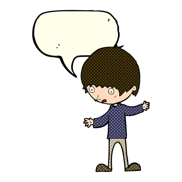 Desenho animado menino com braços estendidos com bolha de fala — Vetor de Stock