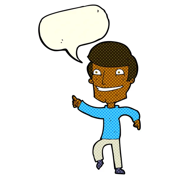 Karikatur glücklicher Mann zeigt mit Sprechblase — Stockvektor