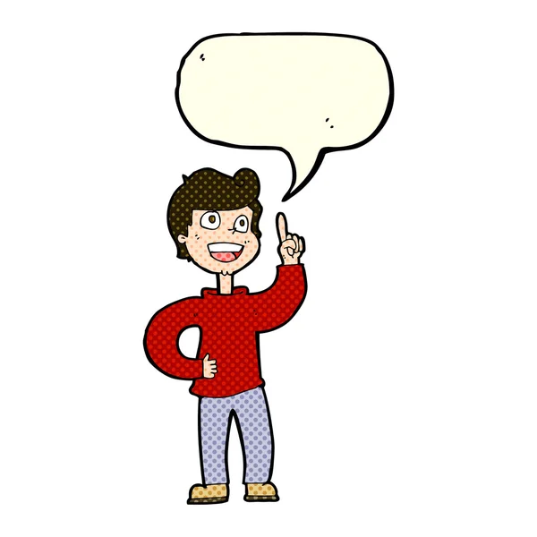 Cartoon boy with great idea with speech bubble — Stock Vector