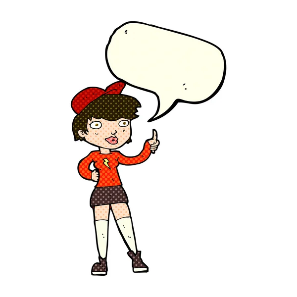 Cartoon skater girl giving thumbs up symbol with speech bubble — Stock Vector