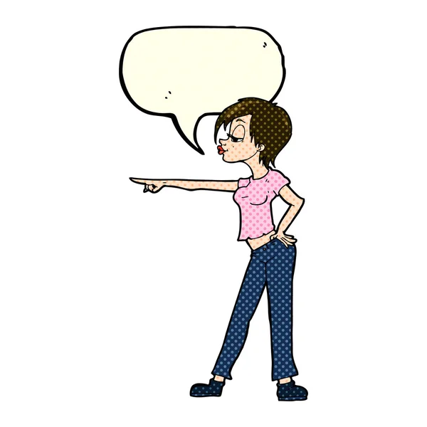 Cartoon woman pointing with speech bubble — Stock Vector