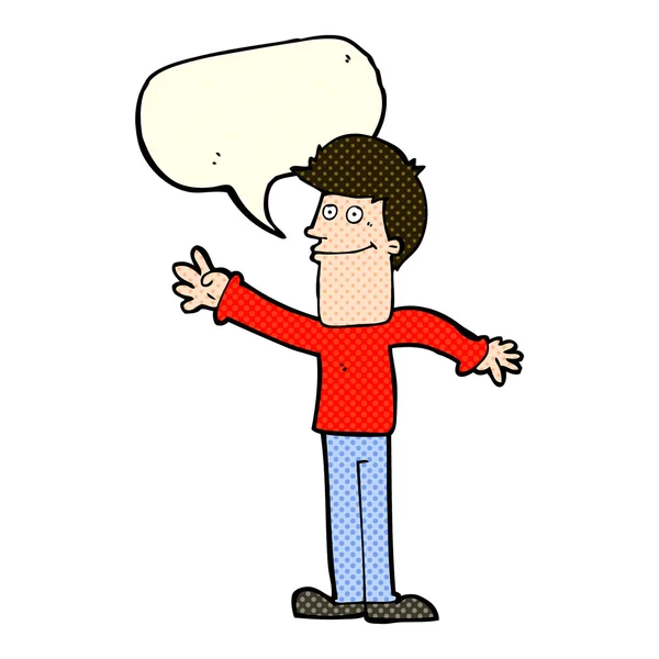 Γελοιογραφία ευτυχισμένος άνθρωπος κουνώντας με το συννεφάκι λόγου — Διανυσματικό Αρχείο