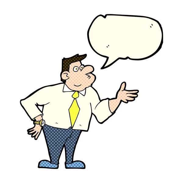 Cartoon businessman asking question with speech bubble — Stock Vector