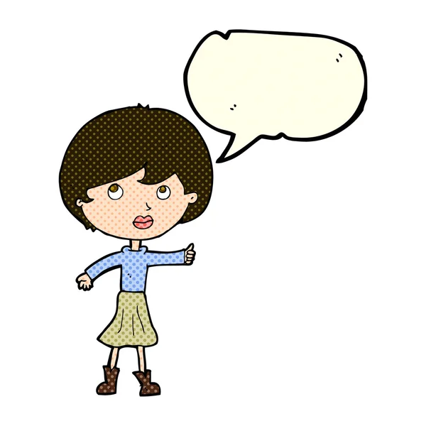 Mujer de dibujos animados haciendo una pregunta con burbuja del habla — Vector de stock
