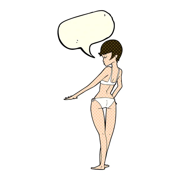 Mujer de dibujos animados en bikini con burbuja del habla — Vector de stock