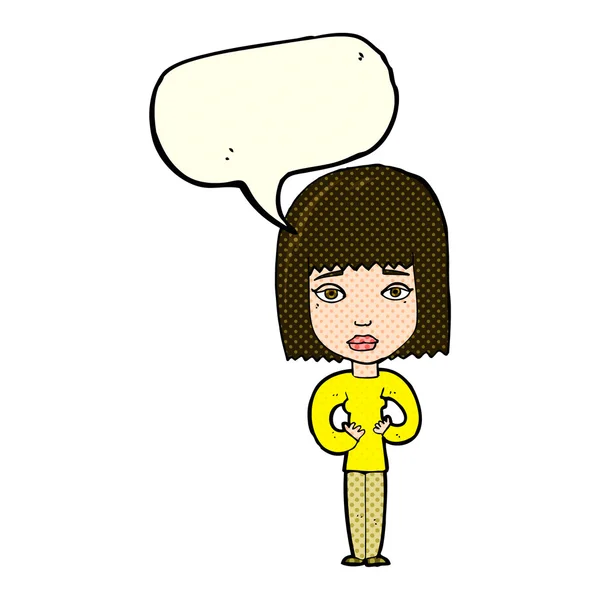 Mujer de dibujos animados que indica uno mismo con burbuja del habla — Vector de stock