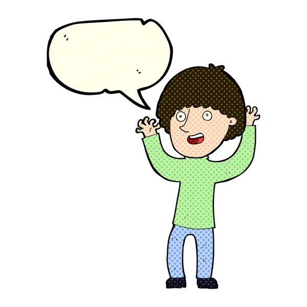 Desenho animado menino feliz rindo com bolha de fala — Vetor de Stock
