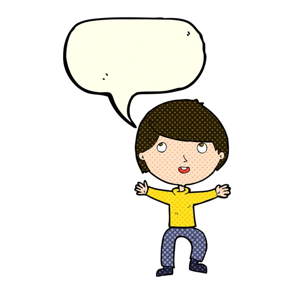 Cartoon gelukkig jongen met spraak zeepbel — Stockvector