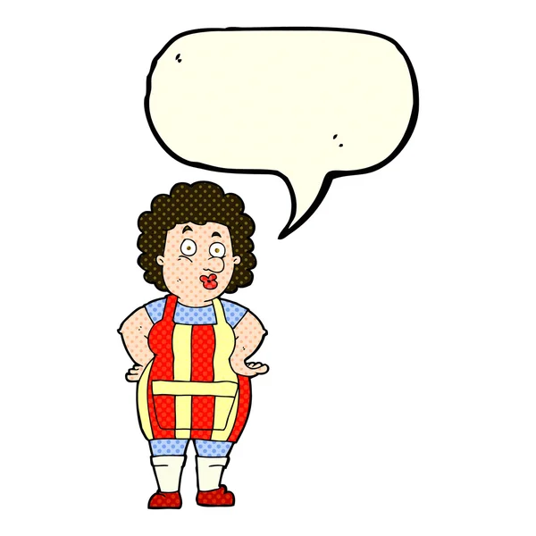 Cartoon woman in kitchen apron with speech bubble — Stock Vector