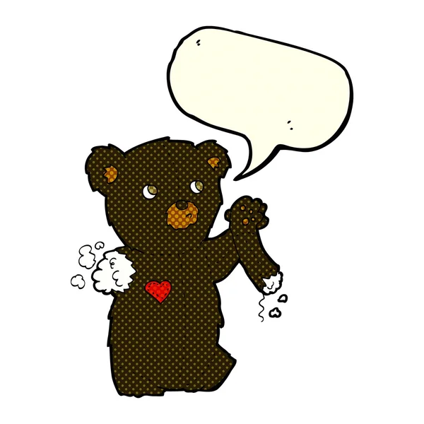 Cartoon teddy black bear with torn arm with speech bubble — Stock Vector