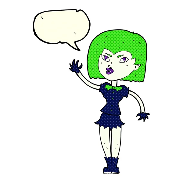 Cartone animato bella ragazza vampiro con la bolla discorso — Vettoriale Stock