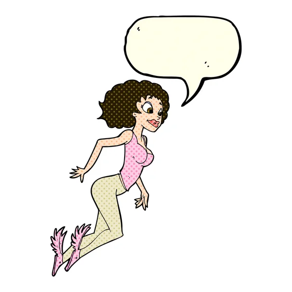 Cartoon flying woman with speech bubble — Stock Vector