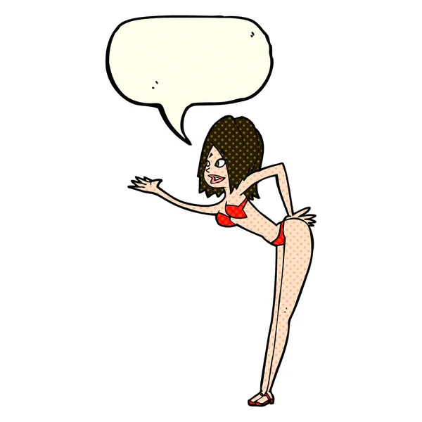 Cartoon vrouw in bikini met tekstballon — Stockvector