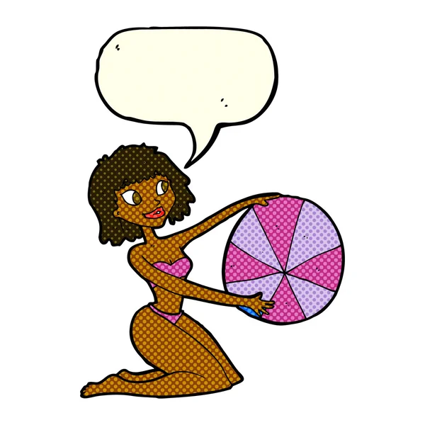 Cartoon bikini girl with beach ball with speech bubble — Stock Vector