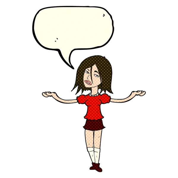 Mujer de dibujos animados hombros encogiéndose de hombros con burbuja del habla — Archivo Imágenes Vectoriales