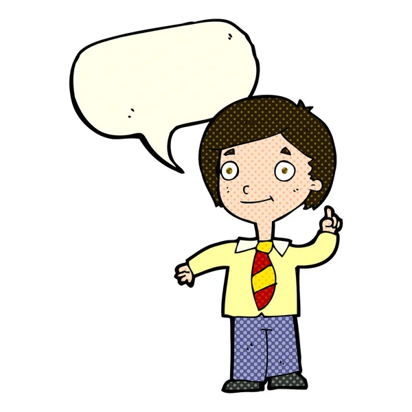 Cartoon school boy answering question with speech bubble — Stock Vector