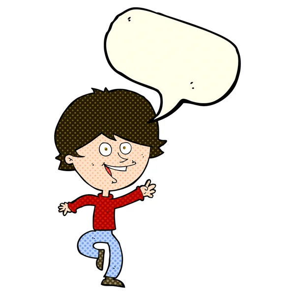 Karikatur fröhlich winkender Junge mit Sprechblase — Stockvektor
