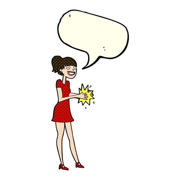 Cartoon woman clapping hands with speech bubble — Stock Vector