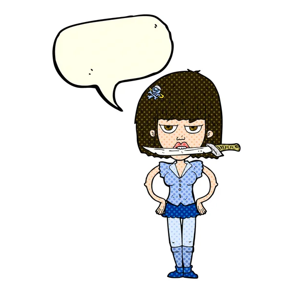 Femme dessin animé avec couteau entre les dents avec bulle de parole — Image vectorielle