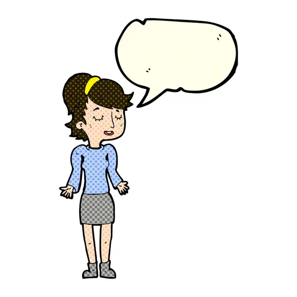 Cartoon woman shrugging shoulders with speech bubble — Stock Vector