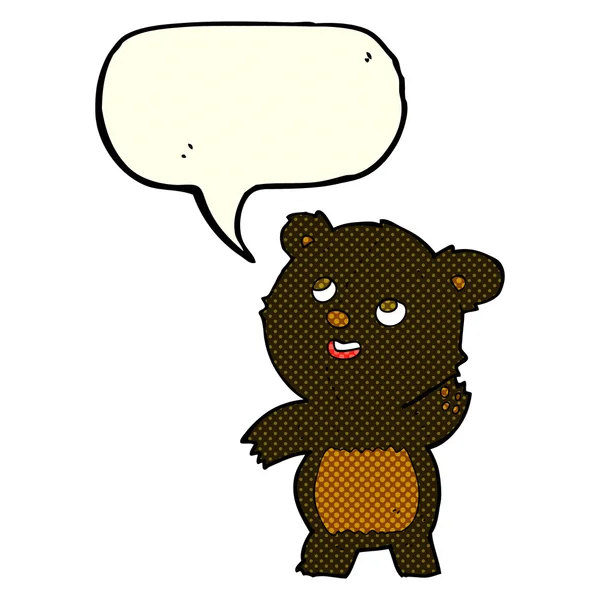 Cartoon cute waving black bear teddy with speech bubble — Stock Vector