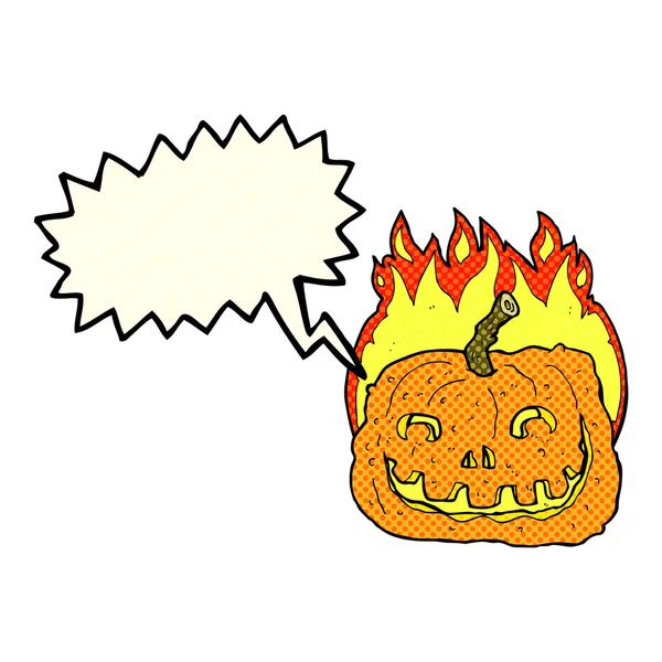 Cartoon burning pumpkin with speech bubble — Stock Vector