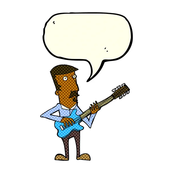 Cartoon man playing electric guitar with speech bubble — Stock Vector