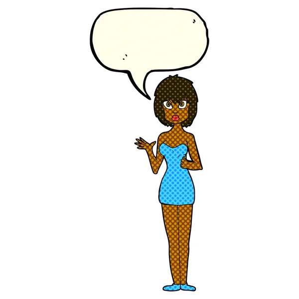 Dibujos animados mujer confundida en vestido de cóctel con burbuja de habla — Archivo Imágenes Vectoriales