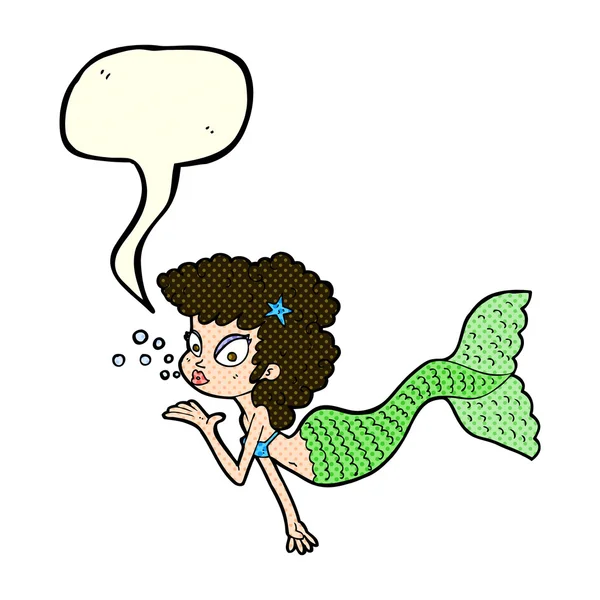 Cartoon mermaid blowing kiss with speech bubble — Stock Vector