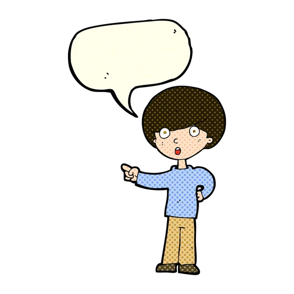 Cartoon pointing boy with speech bubble — Stock Vector