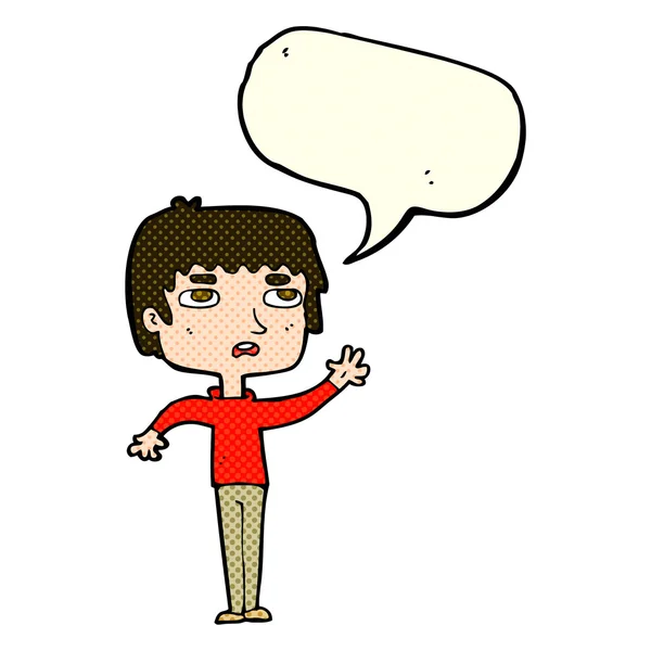 Desenho animado menino infeliz acenando com bolha de fala —  Vetores de Stock