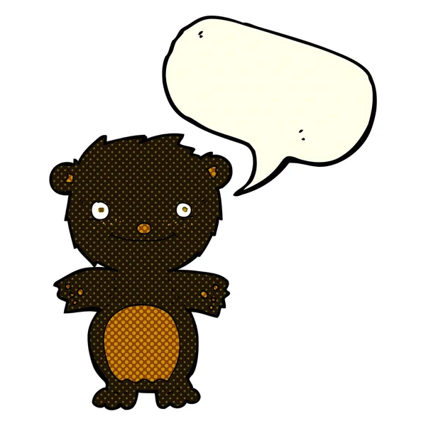 Мультяшный счастливый черный медвежонок с речевым пузырем — стоковый вектор