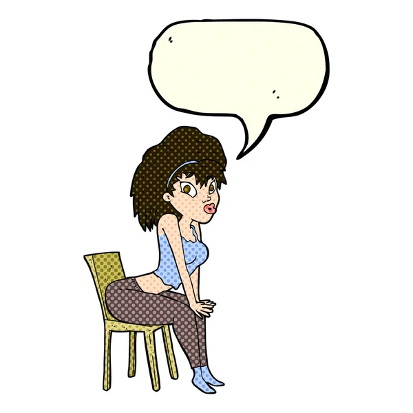 Мультяшна жінка позує на стілець з бульбашкою мовлення — стоковий вектор