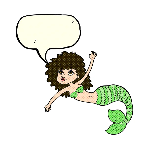 Cartoon pretty mermaid waving with speech bubble — Stock Vector