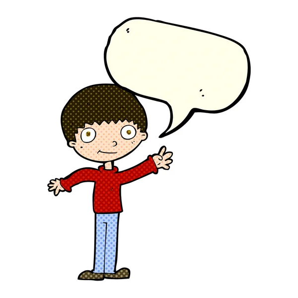 Cartoon gelukkig zwaaien jongen met spraak zeepbel — Stockvector