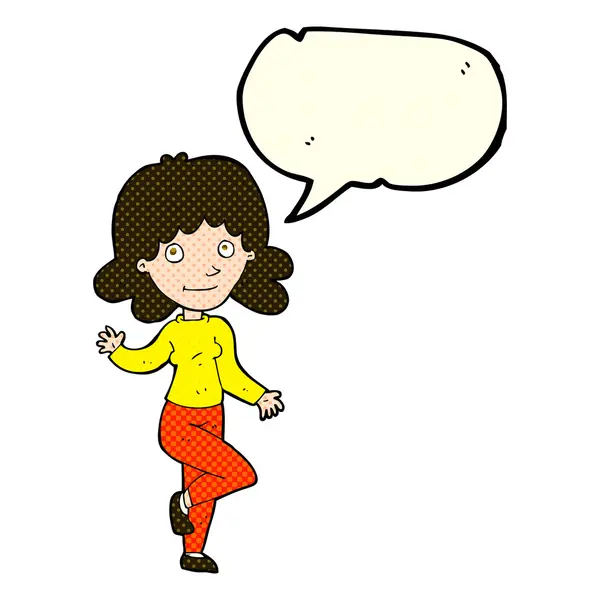 Cartoon friendly woman waving with speech bubble — Stock Vector