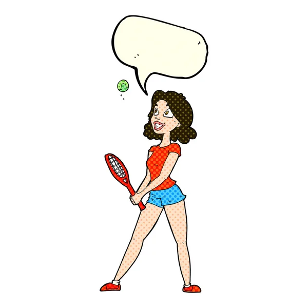 Cartoon woman playing tennis with speech bubble — Stock Vector