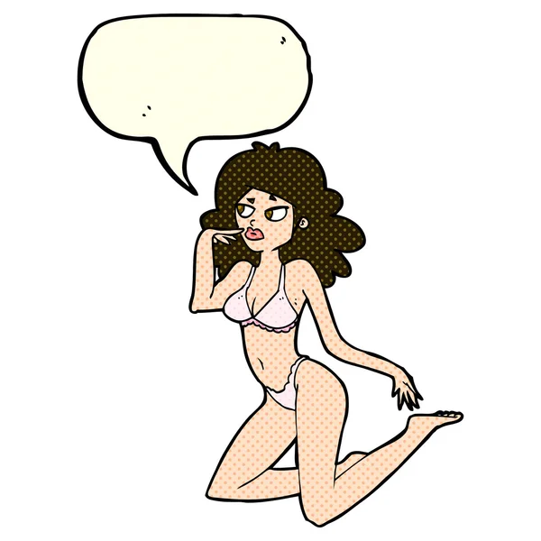 Cartoon-Frau in Unterwäsche wirkt nachdenklich mit Sprechblase — Stockvektor