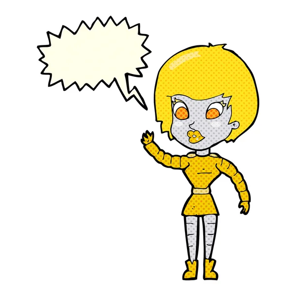 Robot de dibujos animados mujer ondeando con la burbuja del habla — Archivo Imágenes Vectoriales