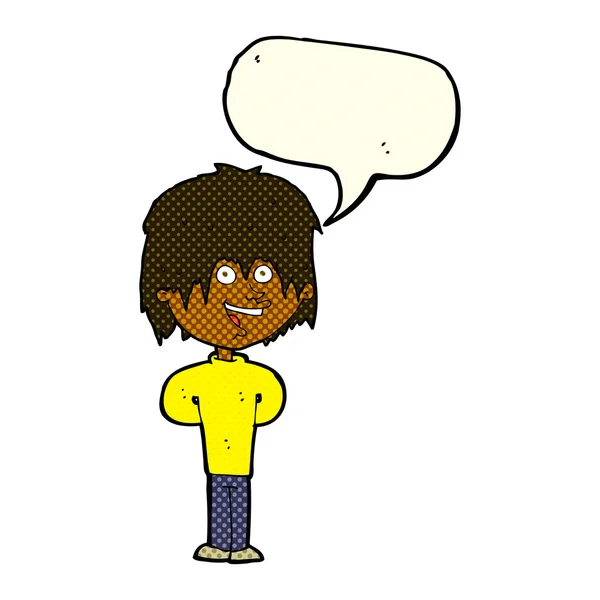 Καρτούν χαρούμενο ατημέλητο αγόρι με φούσκα ομιλία — Διανυσματικό Αρχείο